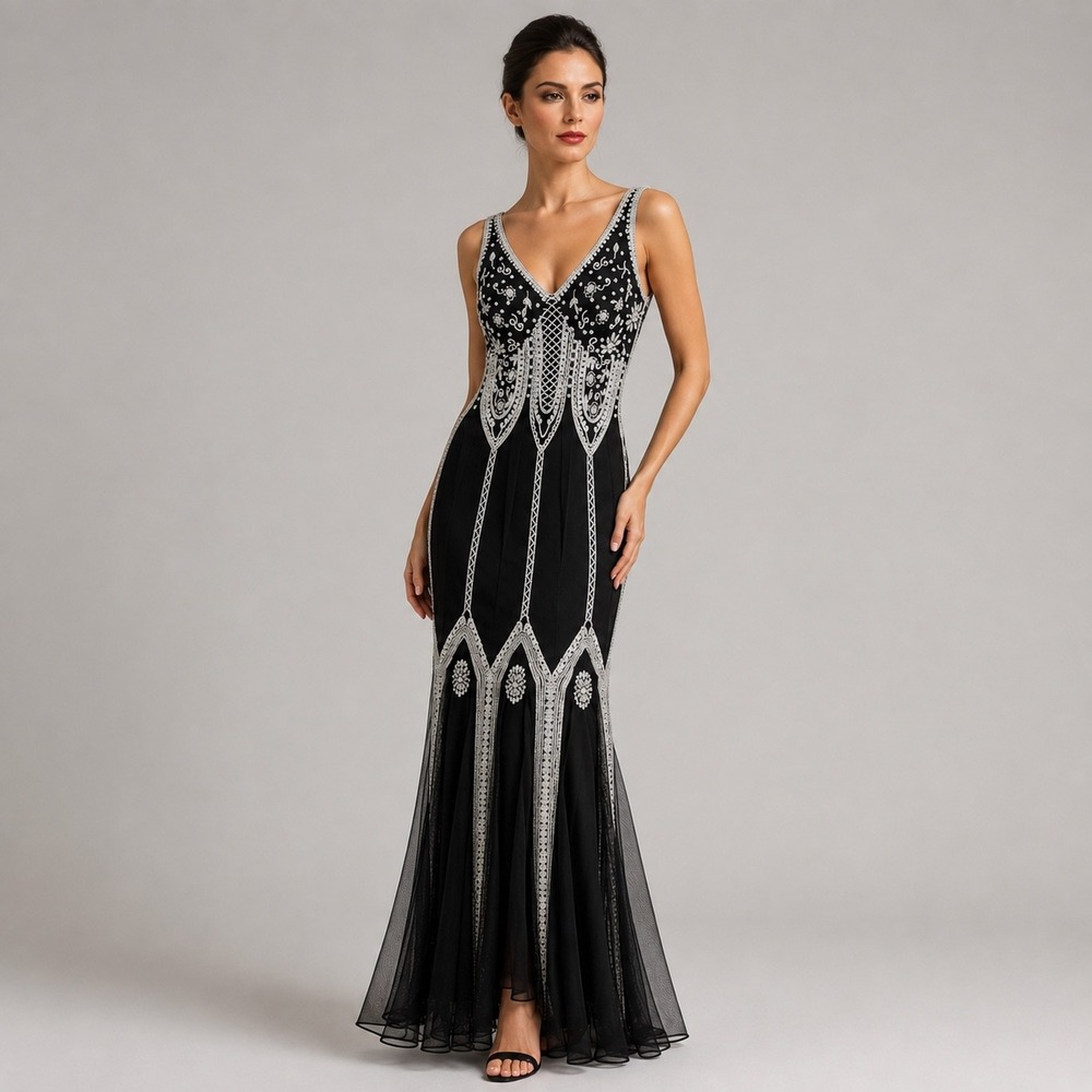 Marina Black Silver Beaded Art Deco Maxi Gown Dress Size 6 V-Neck Formal